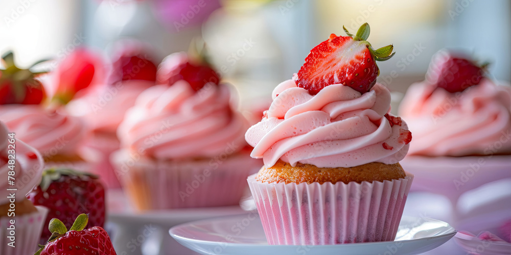 pink cupcake with strawberry cream and fresh strawberries on top, generative AI