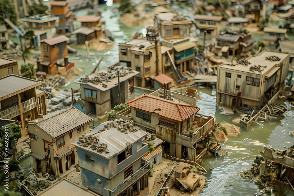 A model of a town with houses and a flooding A model of a town with houses and a flooding