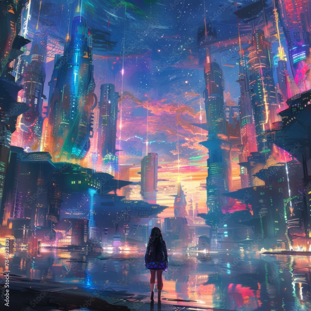 A lone figure stands amidst the vibrant and futuristic cityscape of cyberpunk, surrounded by neon lights, holographic billboards, towering skyscrapers with glowing windows, and exotic plants