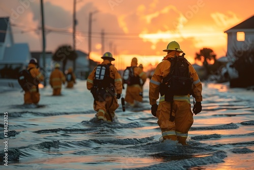 A group of firefighters are walking through a flooded street. The sun is setting in the background, casting a warm glow over the scene. The firefighters are wearing orange suits and carrying backpacks