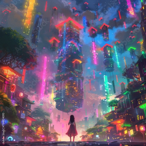 A girl standing on top of a building in a cyberpunk city, surrounded by colorful neon lights and skyscrapers. The style hides details and uses rough comics with light blue and purple tones