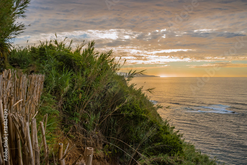 Cliff trail with reed fence and wild vegetation with sunset on the horizon at sea in Lomba da Maia, São Miguel - Azores PORTUGAL