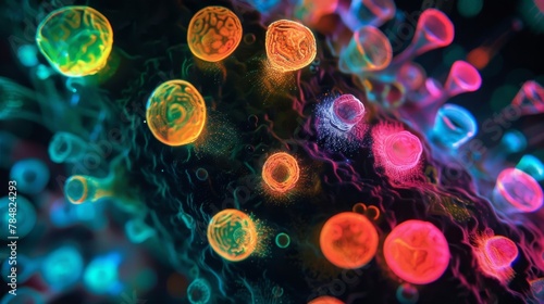A fluorescent microscopy image of a cell nucleus and its centrioles glowing with different colors to highlight their unique structures. photo