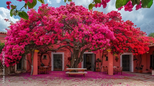 The giant bougainvillea tree in front of the house is full withe , pink, red,with many withe flowers ,many red flowers  photo