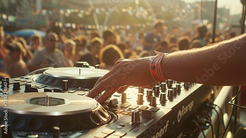 ther is a huge music festival, close up dj hands photo