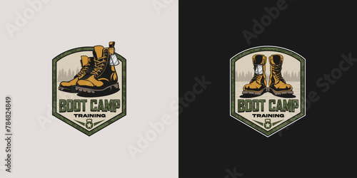 The illustrated logo concept features elements of boot camp, military, and fitness. The design incorporates a boot, dumbbell, and military-inspired imagery.