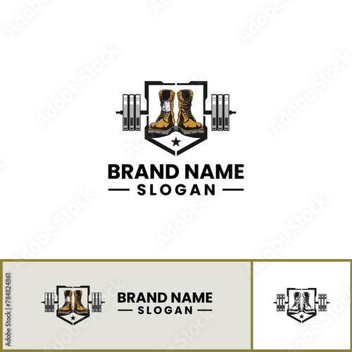 The illustrated logo concept features elements of boot camp, military, and fitness. The design incorporates a boot, dumbbell, barble gym and military-inspired imagery.