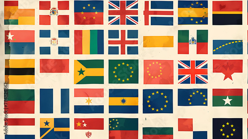 An image showcasing the flags of all 27 member countries of the European Union arranged in a grid pattern, with each flag represented in vibrant colors and accurate proportions. photo