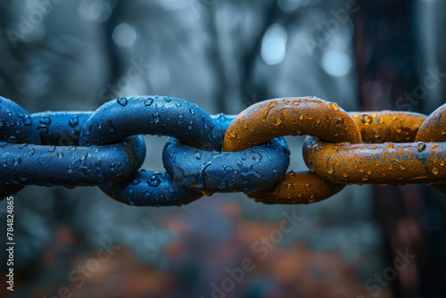 close-up of contrasting wet chains: blue and yellow links intertwined to represent secure collaboration engineering © bee