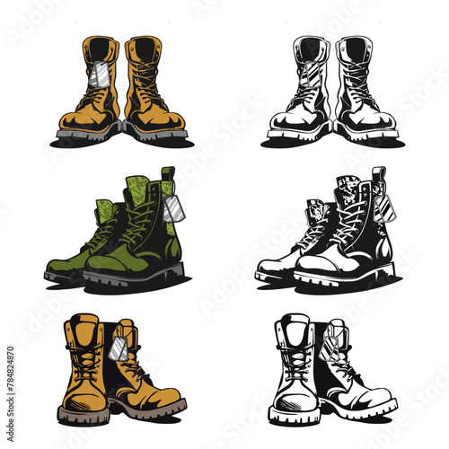 A military boots illustration featuring a dog tag, symbolizing strength and identity.
