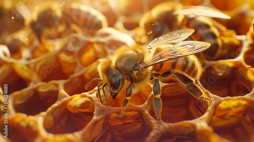 bee in its hive, with detailed focus on the texture and pattern of the honeycomb. © Pter
