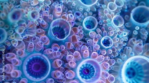 A symmetrical pattern of interlocking circular algae cells resembling a mesmerizing kaleidoscope of iridescent blues and purples.