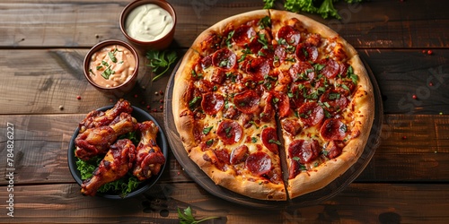 Sizzling Pepperoni Pizza Garnished with Fresh Herbs alongside Sticky Barbecue Chicken Wings with Creamy Dips