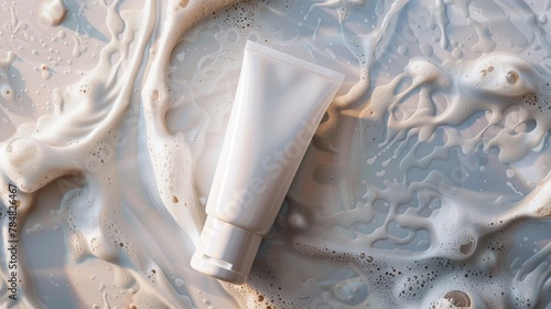 Mack up white tube cosmetics on creamy soapy background photo
