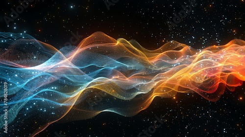 Digital communication flow, side view, bright lines weaving through dark space, hints of electric blue