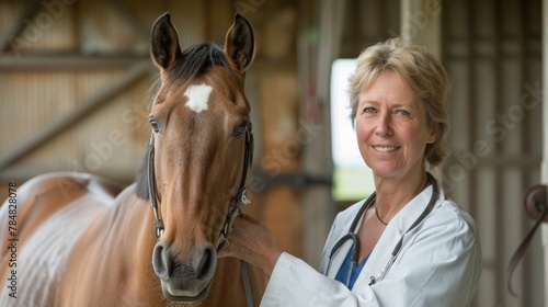 A portrait of a vet softly stroking the neck of a horse showcasing the trust and bond between animal and caretaker built through gentle touch. .