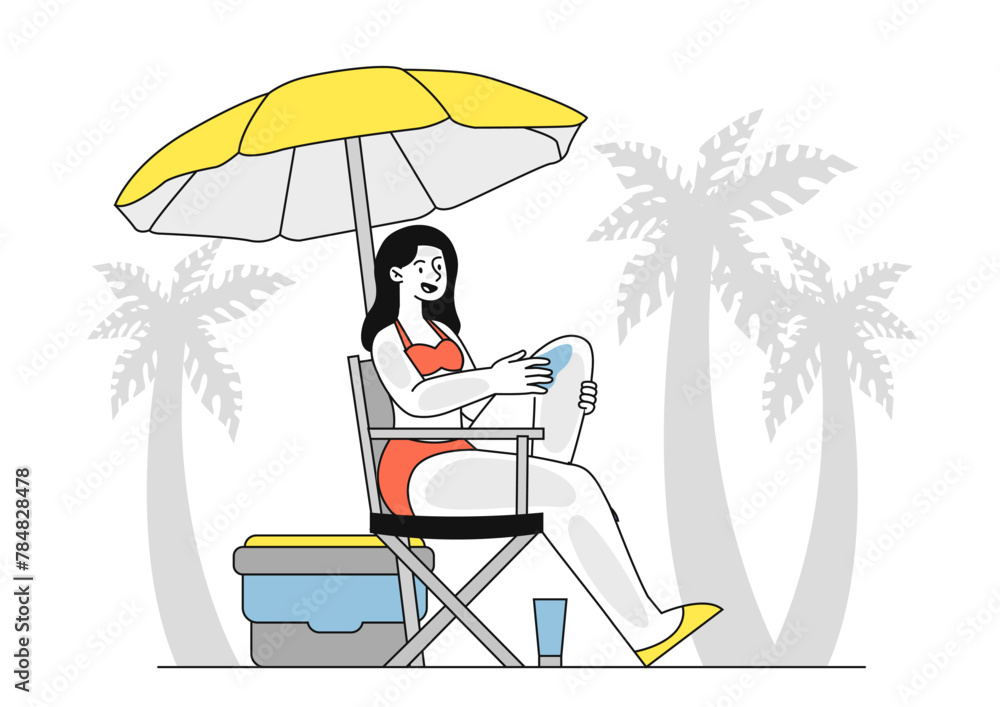 Woman applies sunscreen vector linear