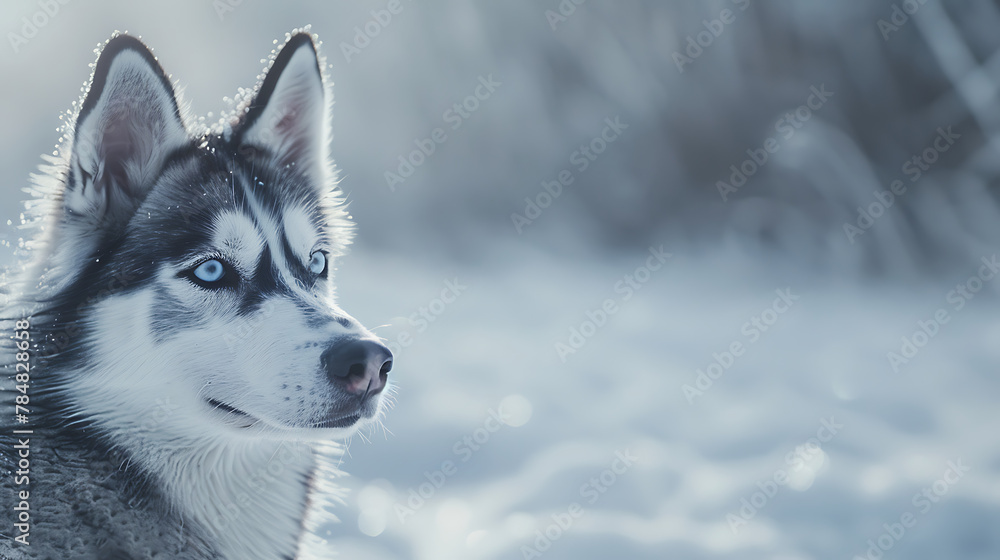 Naklejka premium A stunning image capturing the beauty and grace of a Siberian Husky, standing amidst a backdrop of snow-covered wilderness