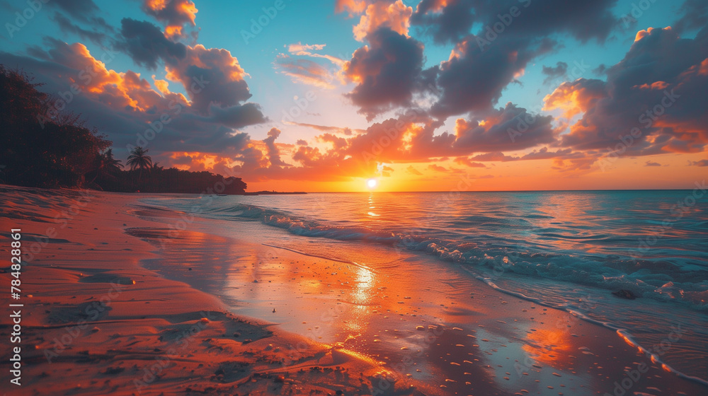 A beautiful sunset over the ocean with a beach in the background - obrazy, fototapety, plakaty 