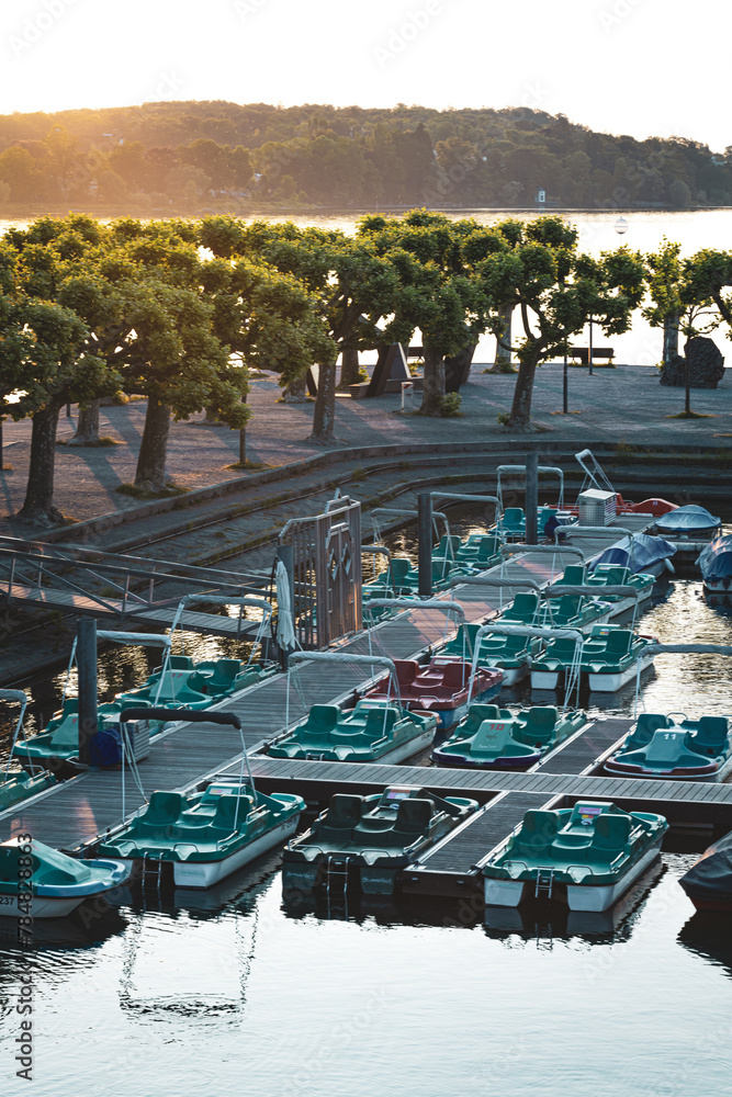 Fototapeta premium Tretboote liegen bei Sonnenaufgang im Hafen am Stegplaffrom an. Konstanz, Bodensee, Baden-Württemberg, Deutschland, Europa.