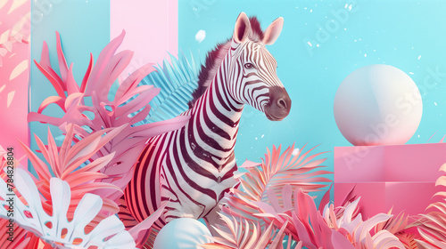 A digital illustration of a zebra amidst pink foliage and tropical elements in a surreal environment. Artwork  of animal and jungle exotic plants.