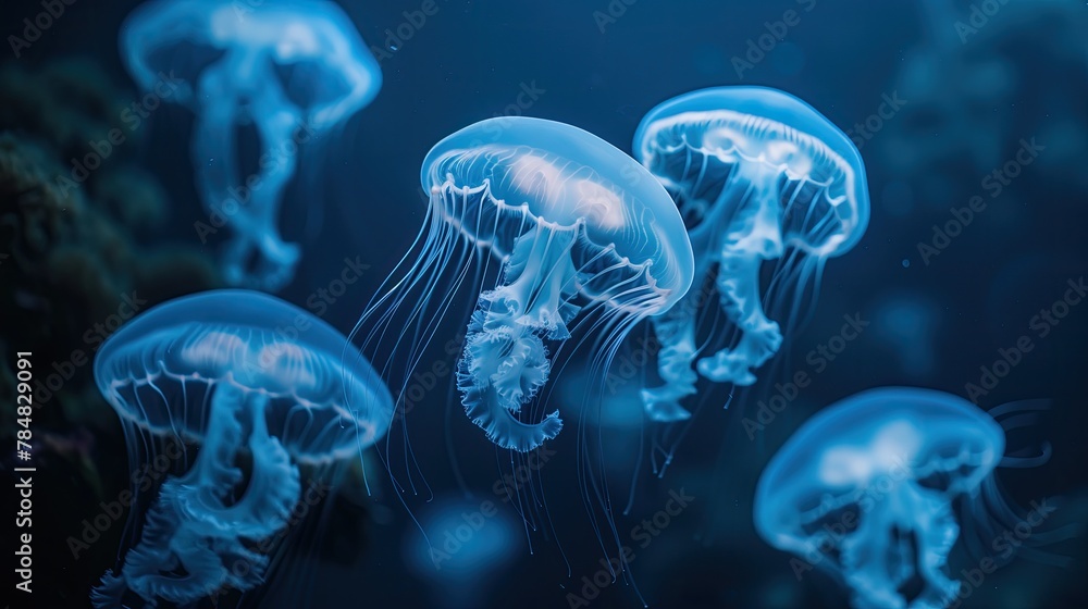 Electric blue jellyfish with bioluminescence swimming in azure water Electric blue jellyfish with bioluminescence swimming in azure water