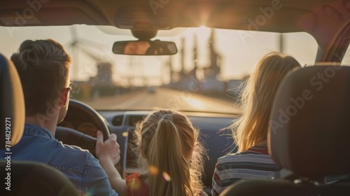 A family happily driving in a car powered by biofuel. In the distance a power plant can be seen with carbon capture technology installed showcasing the symbiotic relationship between .