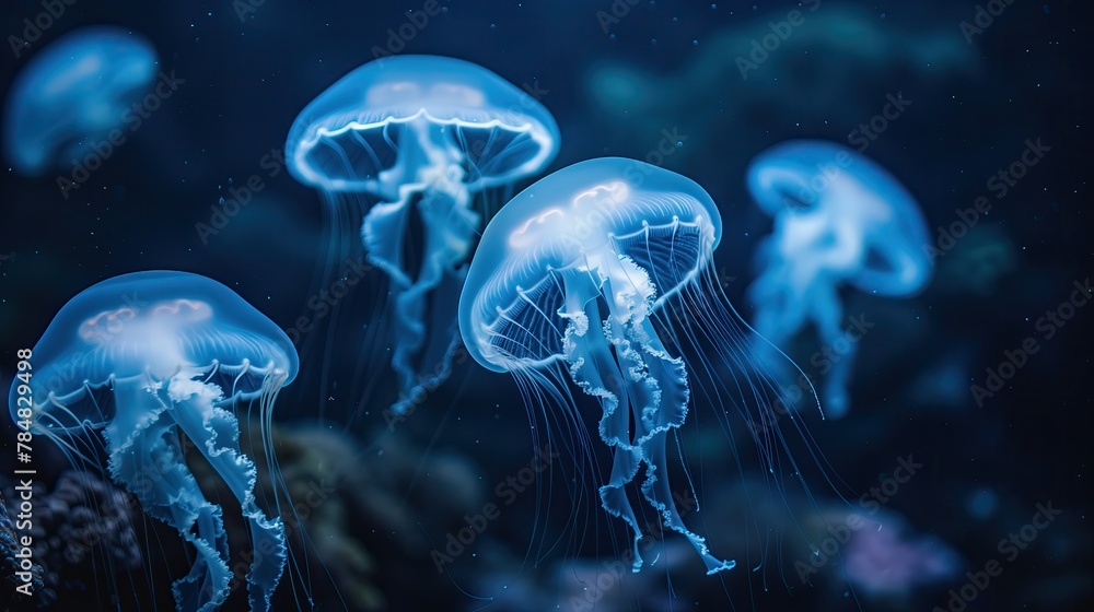 Electric blue jellyfish with bioluminescence swimming in azure water Electric blue jellyfish with bioluminescence swimming in azure water