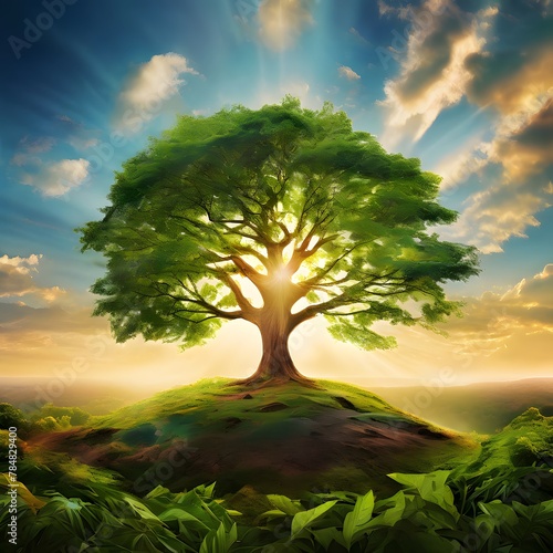 Radiant sun shines upon a flourishing tree  symbolizing harmony with our eco-friendly world