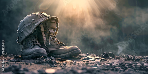 Military boots and helmet backlit by a poignant sunbeam, symbolizing sacrifice and honor. © eleonora_os