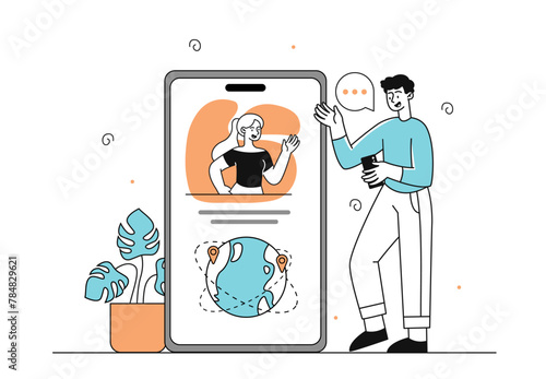 Couple communicate in social media vector linear