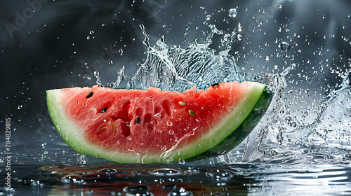 Flying watermelon slice with water splash Water