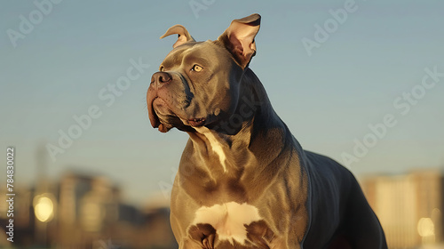 A striking American Bully, with a powerful and muscular build, standing confidently against a backdrop of urban cityscape.