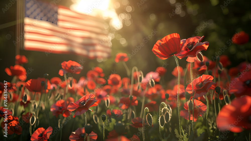 Obraz premium Red poppies and U.S. flag in a field, symbol of remembrance. Memorial Day
