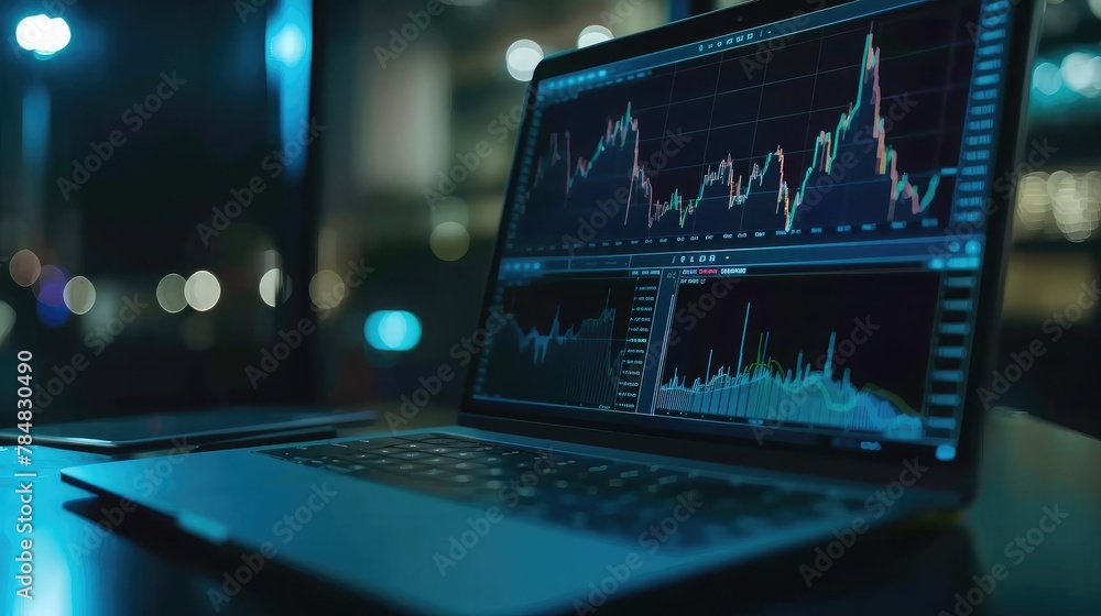 Laptop or computer with chart. Investment in business and financial concept of growth and success. Investor data analysis for planning in strategy of stock market fund. Invest for earning or profit. Laptop or computer with chart. Investment in business and financial concept of growth and success. Investor data analysis for planning in strategy of stock market fund. Invest for earning or profit.