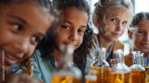 A group of children working together on a smallscale biofuel production project using simple equipment and ingredients such as vegetable oil and alcohol to create a usable fuel source. .