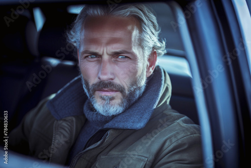 portait of man with grey hair in a car