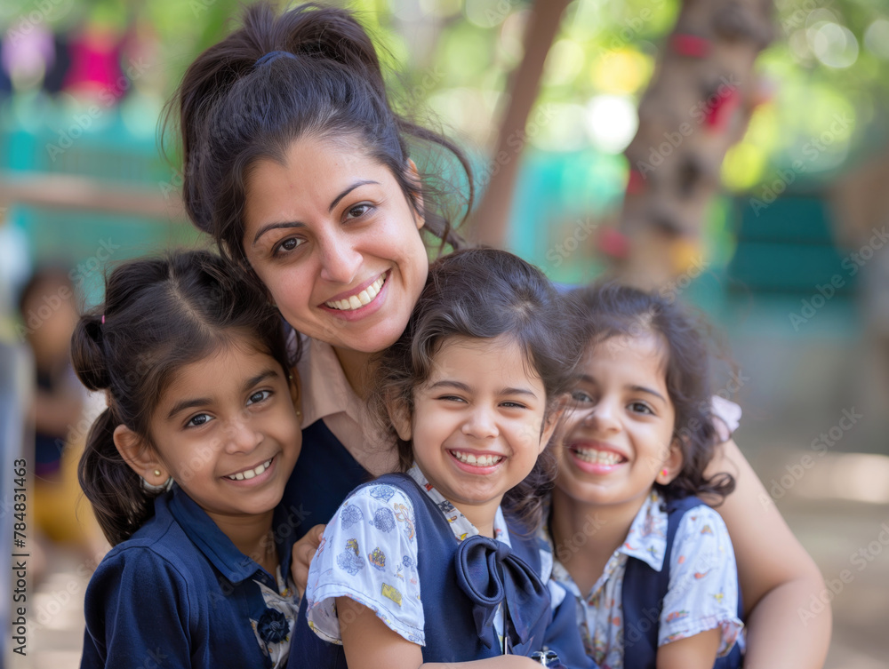 Fotografia de uma professora sorrindo ao lado de crianças da escola, transmitindo alegria e carinho. Esta imagem captura o vínculo especial entre educadores e alunos