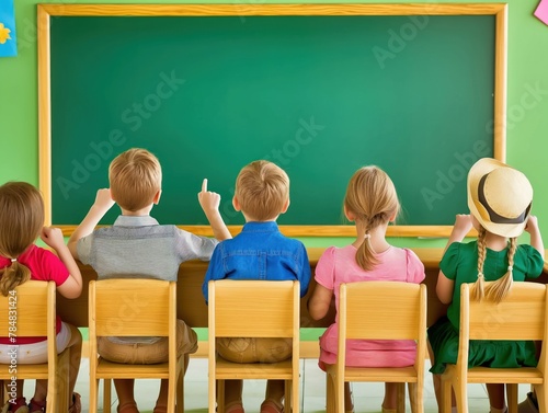 Uma ilustração mostra crianças animadamente interagindo na sala de aula, participando de uma atividade artística em frente à lousa photo