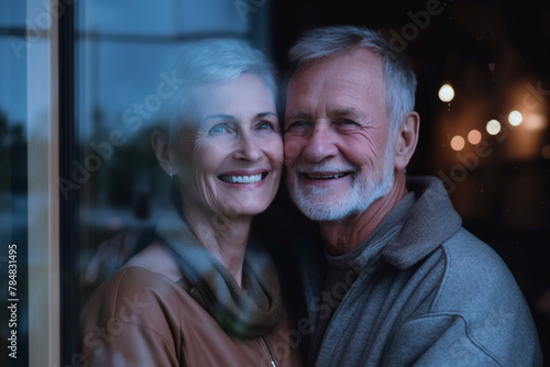 portrait of happy senior couple behind windowpane
