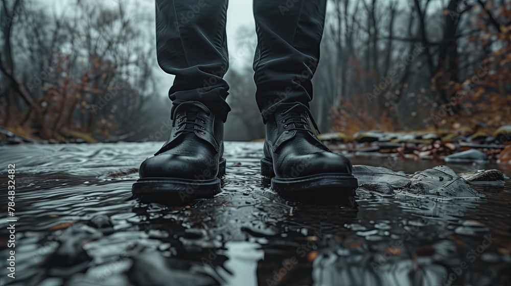Low section of businessman walking on wet street during rain. Close up of male legs in brown boots Low section of businessman walking on wet street during rain. Close up of male legs in brown boots