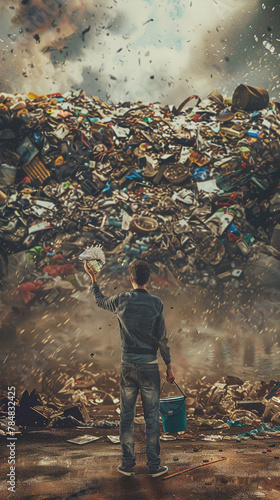 A man holding a tiny trash can in front of a massive trash pile