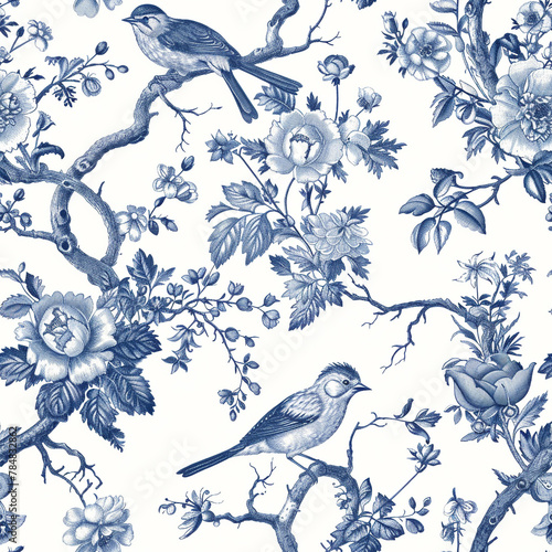 Europe vintage pattern, birds and flowers,Jouy print style,single color,white background