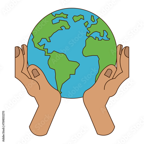 Round globe of Earth held by two hands, referring to caring for nature, letting live, giving life. Vector illustration