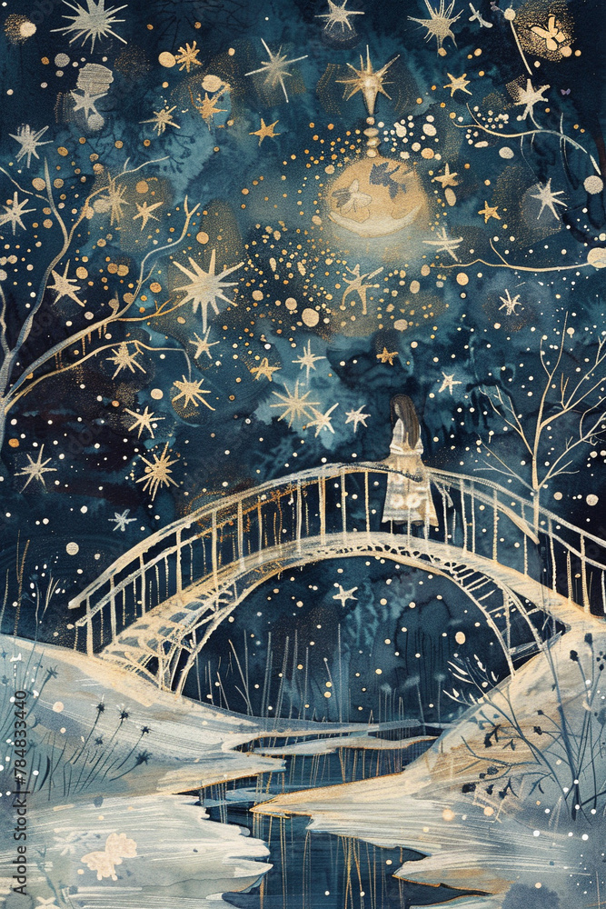 Obraz premium a lone girl by bridge of stars in night, in the style of whimsical animals, light white and light gold