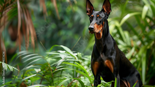 A majestic Doberman, poised with elegance and strength, standing tall amidst a backdrop of lush greenery.