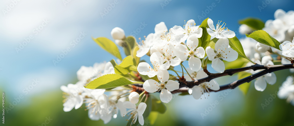 Branch with white petaled flowers and green leaves on nature background with blurred trees, blue sky and clouds. Almond or cherry tree blooming on warm sunny spring day. Blossom months and season.