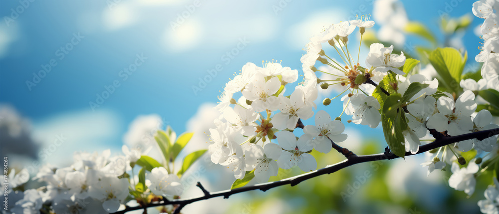 Branch with white petaled flowers and green leaves on nature background with blurred trees, blue sky and clouds. Almond or cherry tree blooming on warm sunny spring day. Blossom months and season. Branch with white petaled flowers and green leaves on nature background with blurred trees, blue sky and clouds. Almond or cherry tree blooming on warm sunny spring day. Blossom months and season.