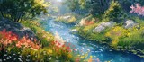 Capture a vibrant spring landscape from a stunning birds-eye view using watercolor, showcasing lush greenery, blooming flowers, and a winding river