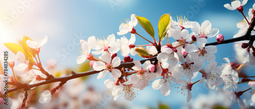 Branch with white and pink petaled flowers and green leaves on nature background with blurred trees and blue sky. Almond or cherry tree blooming on warm sunny spring sunset or sunrise day. Blossom.